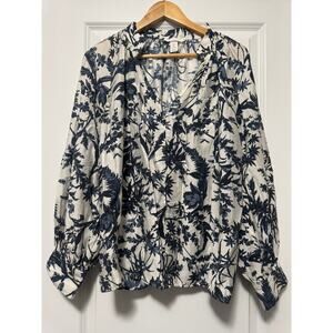 H&M Blue Floral Blouse Women’s Size L Long Sleeve V-Neck Lightweight